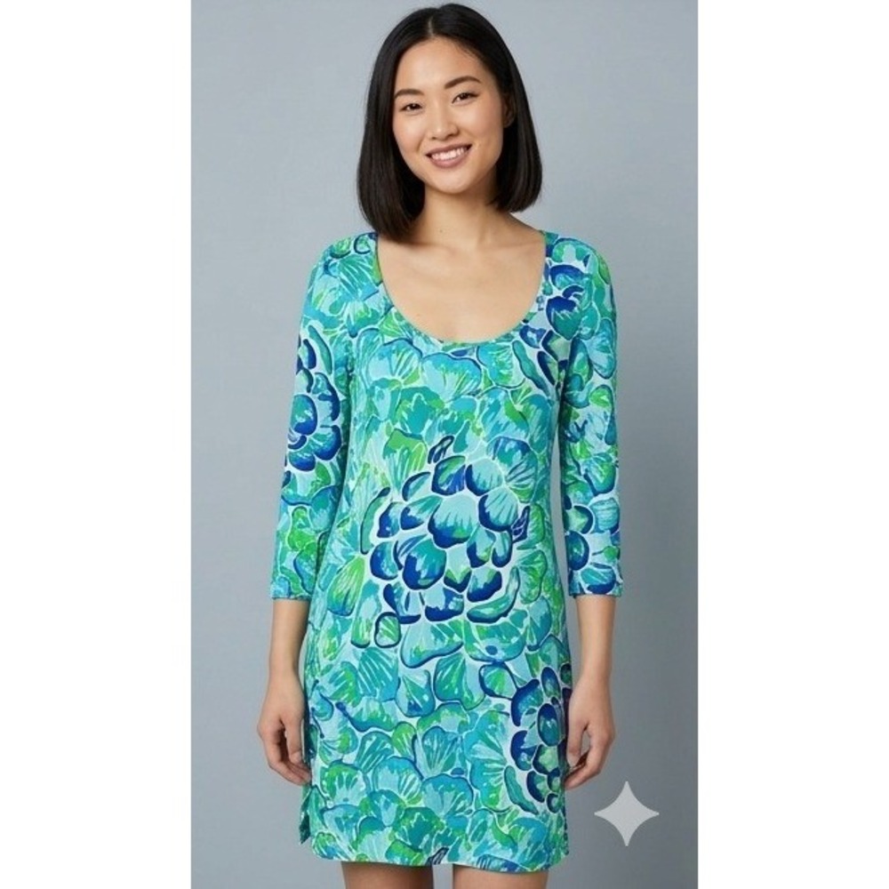 Lilly Pulitzer Shift Dress Womens Large Blue Green Floral Pima Cotton Jersey